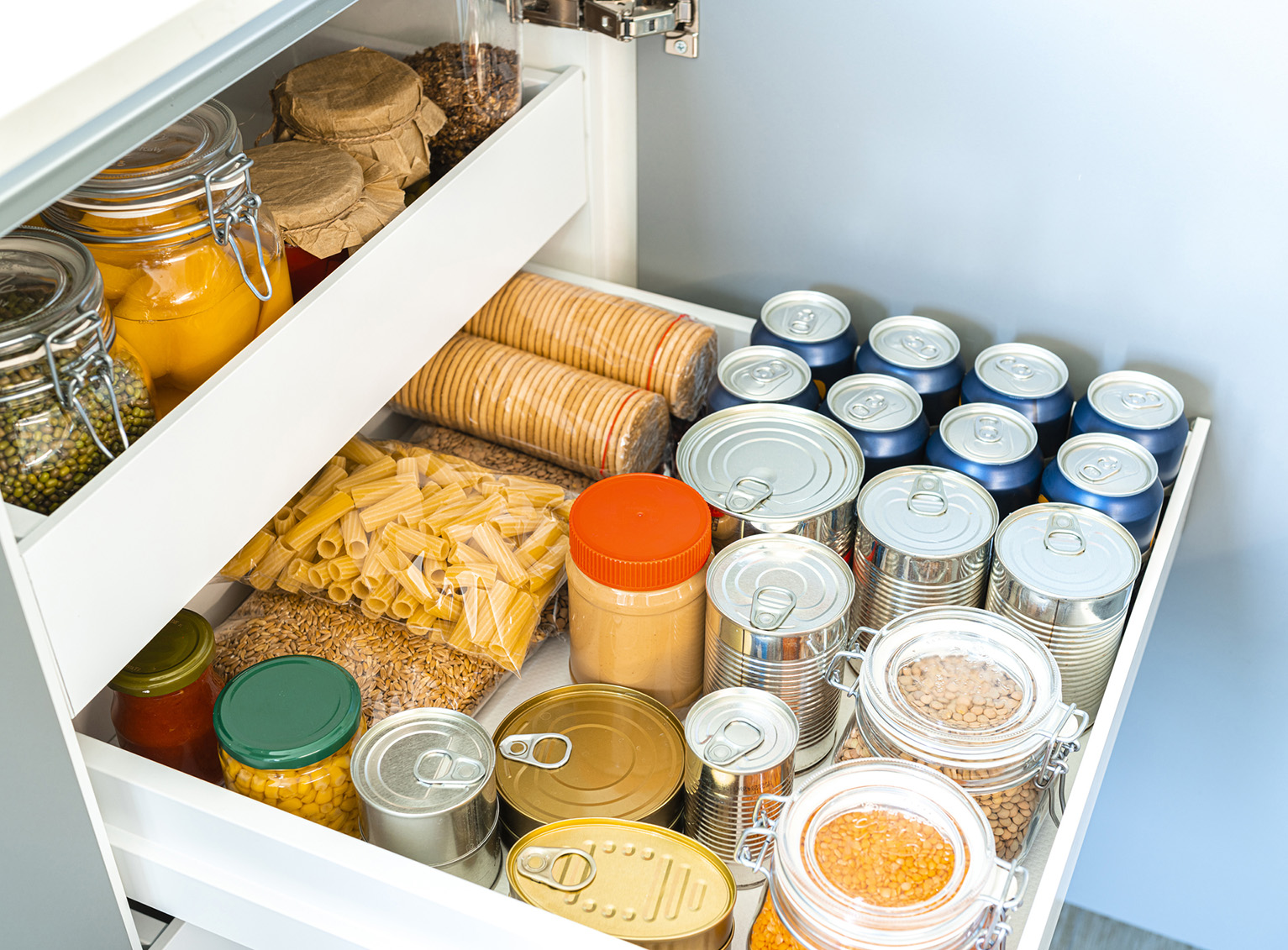Pull out pantry drawers are an organized, presentable way to store